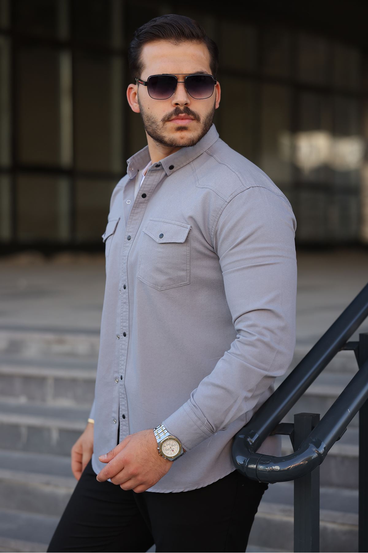 Erkek Slim Fit Çift Cepli Kot Gömlek