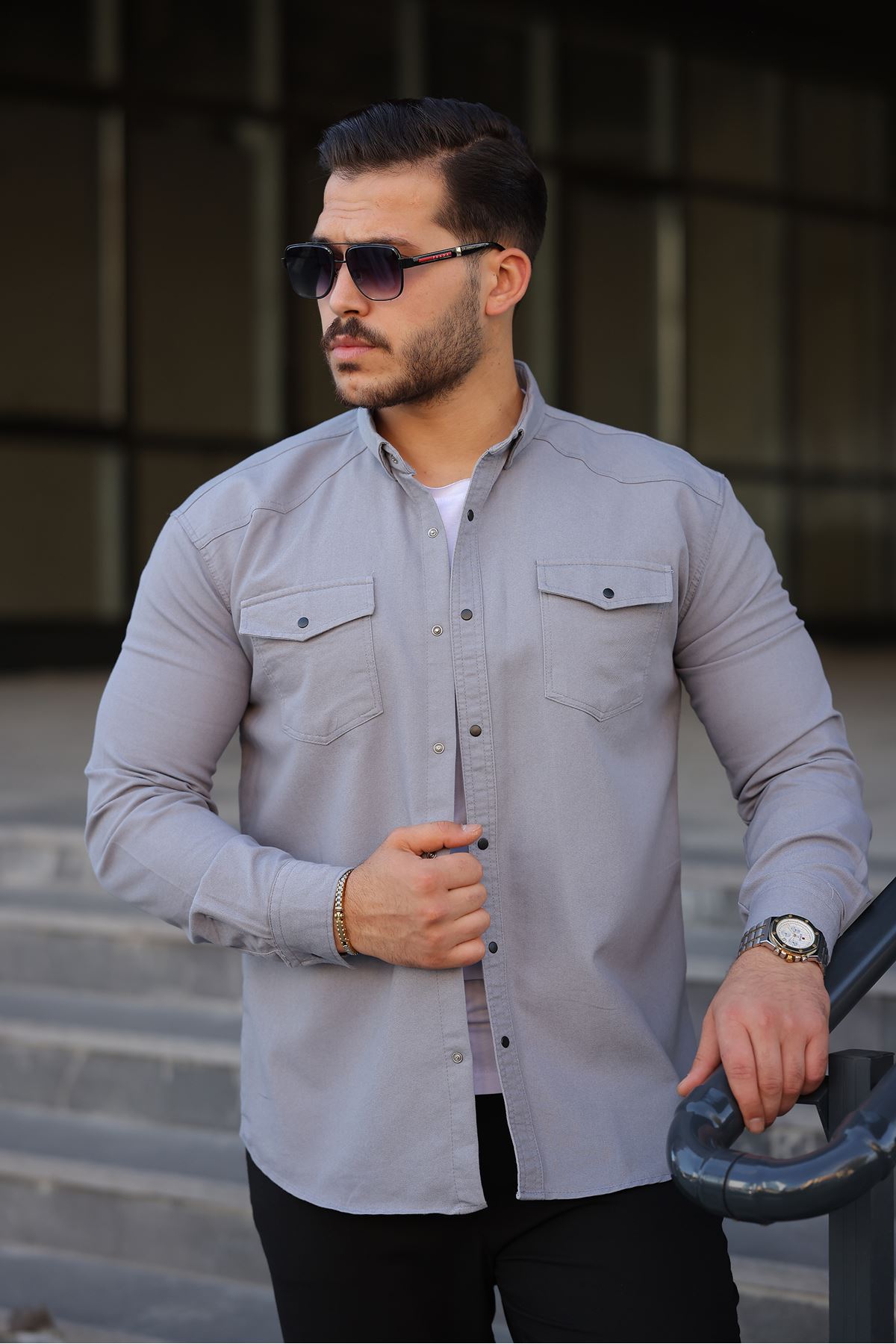 Erkek Slim Fit Çift Cepli Kot Gömlek