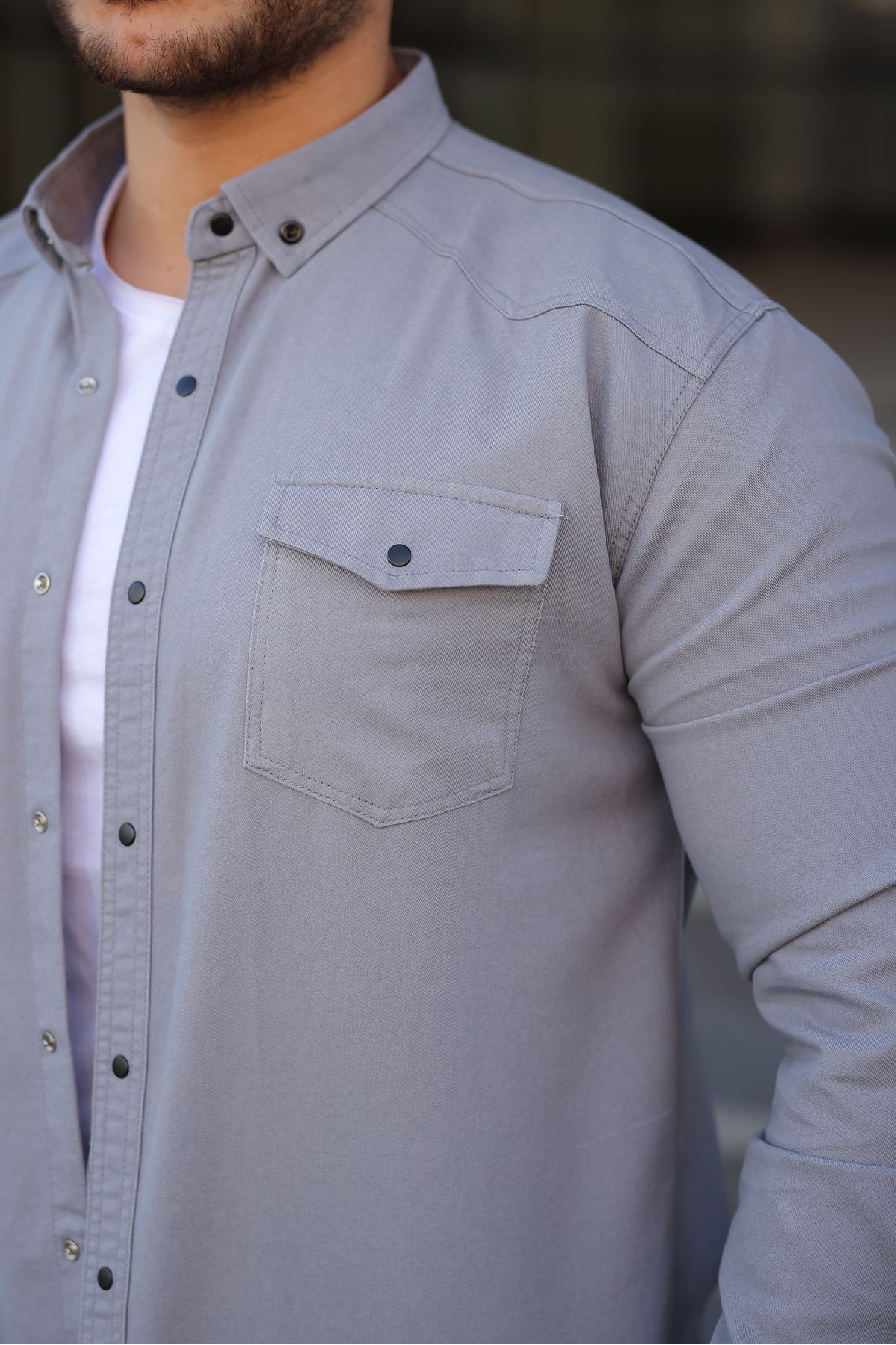 Erkek Slim Fit Çift Cepli Kot Gömlek