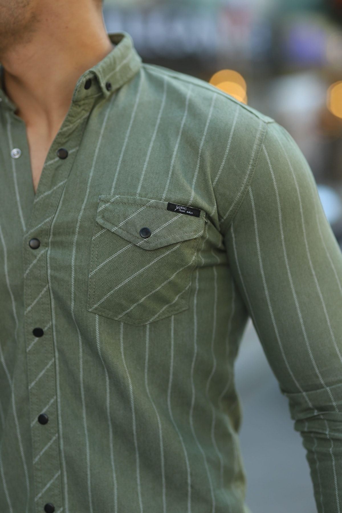 Erkek Slim Fit Çizgili Kot Gömlek