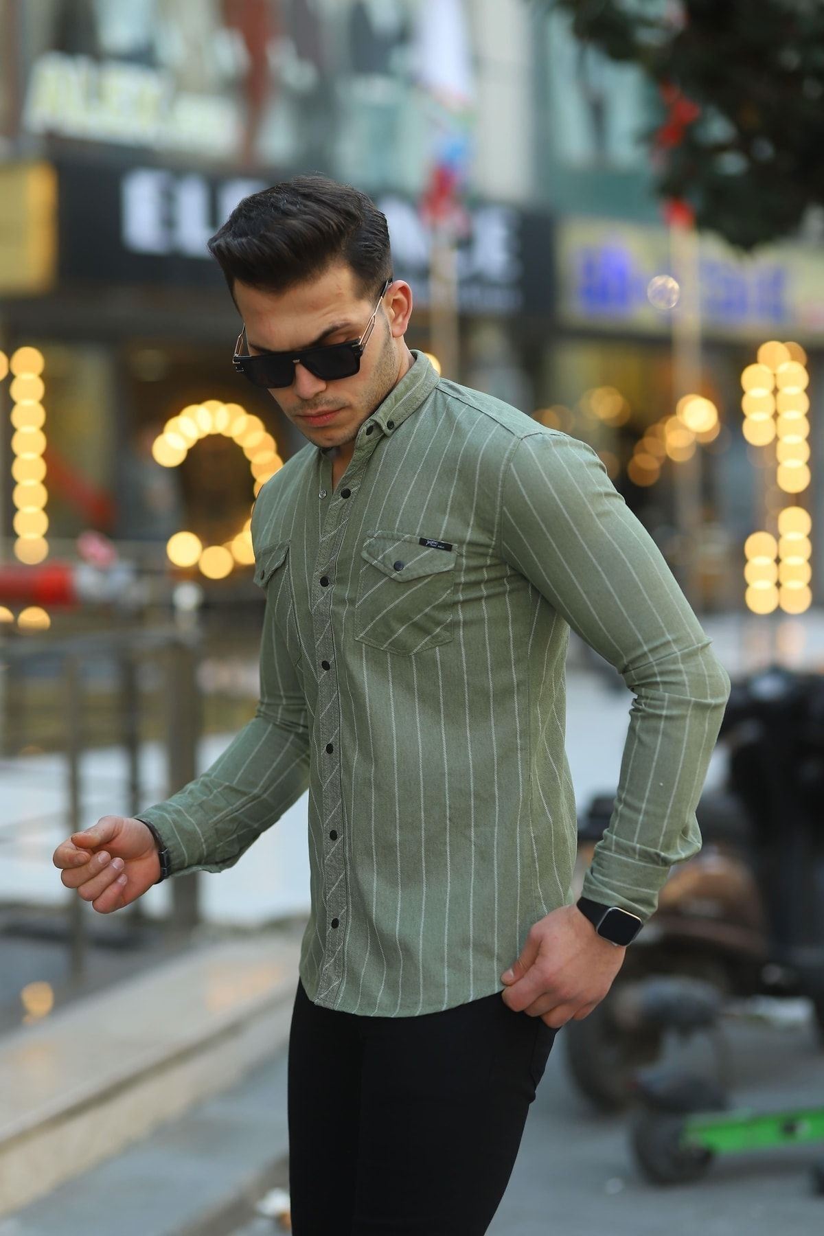 Erkek Slim Fit Çizgili Kot Gömlek