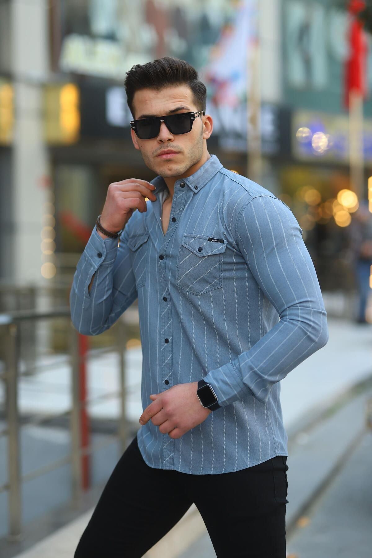 Erkek Slim Fit Çizgili Kot Gömlek
