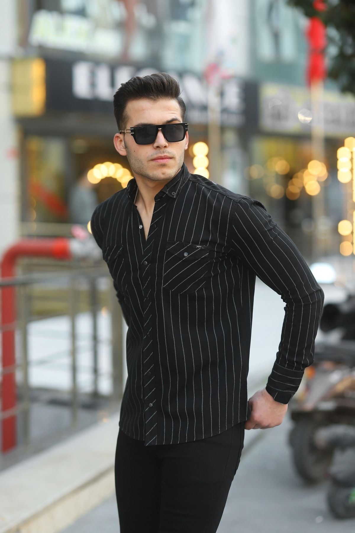 Erkek Slim Fit Çizgili Kot Gömlek