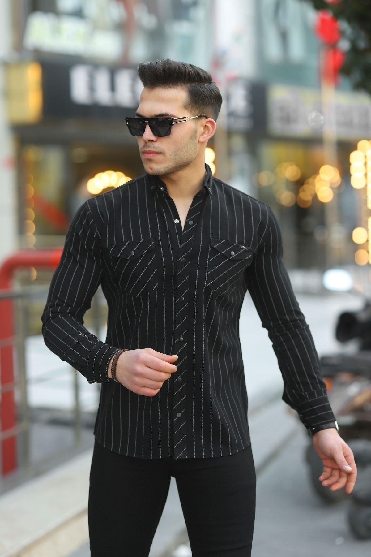 Erkek Slim Fit Çizgili Kot Gömlek