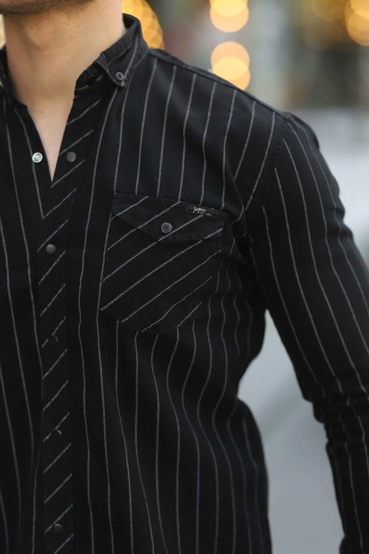 Erkek Slim Fit Çizgili Kot Gömlek