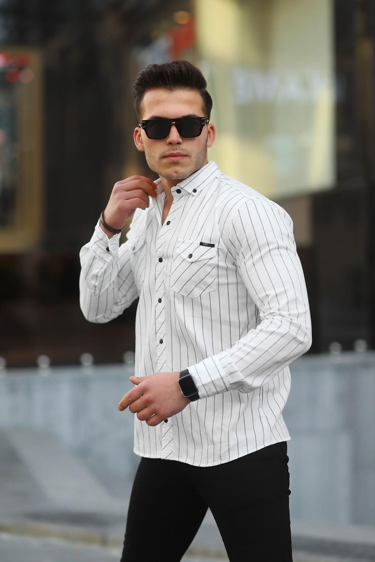 Erkek Slim Fit Çizgili Kot Gömlek