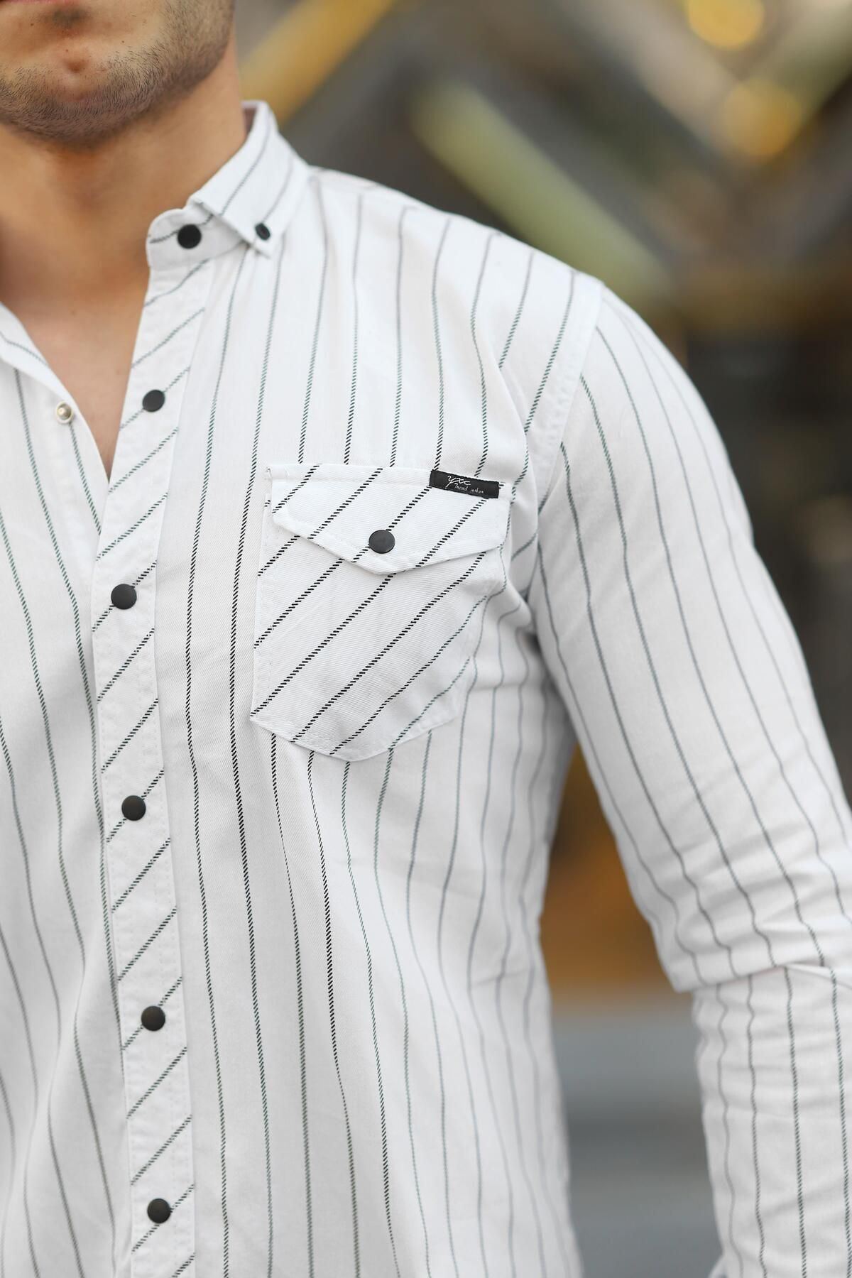 Erkek Slim Fit Çizgili Kot Gömlek