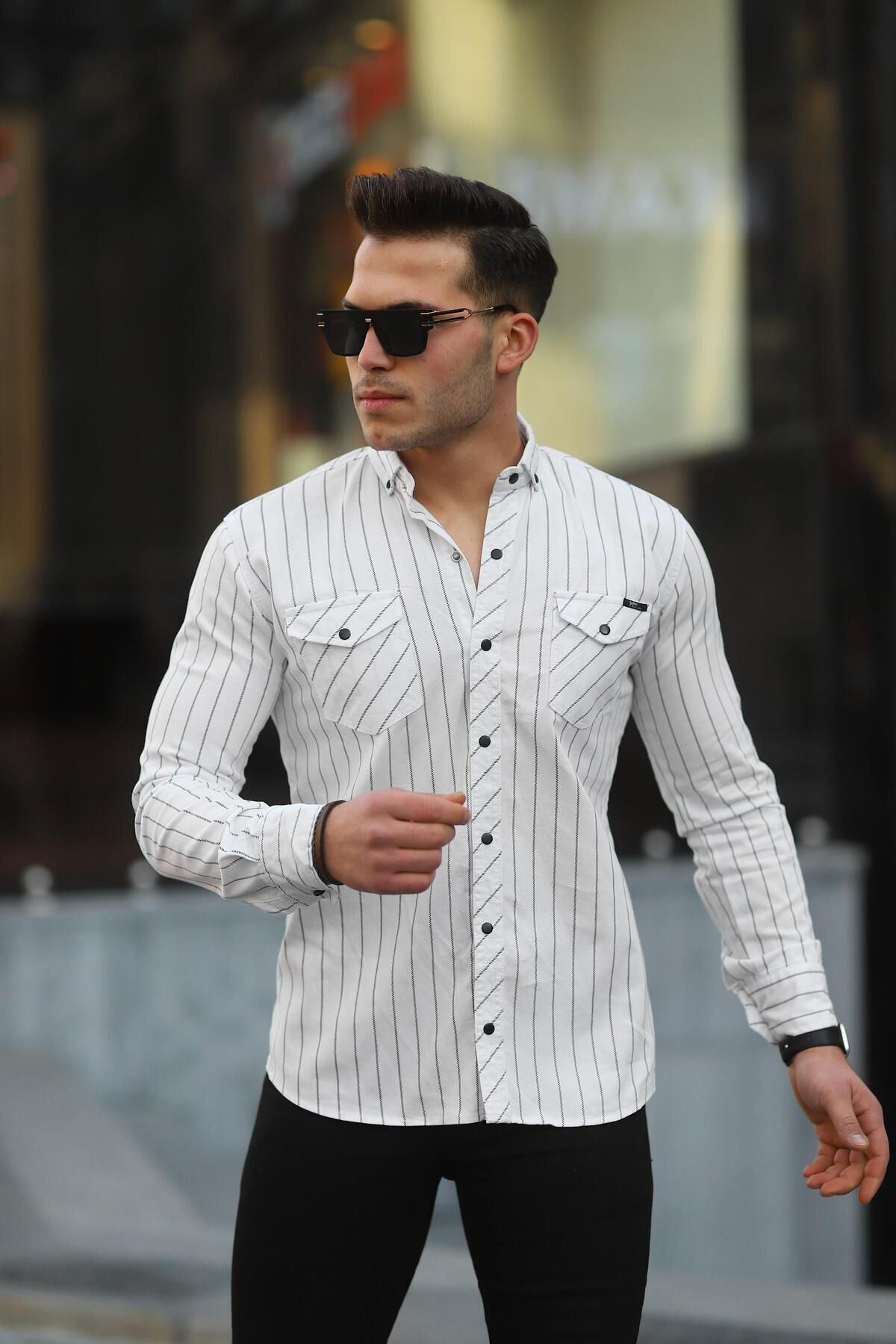 Erkek Slim Fit Çizgili Kot Gömlek