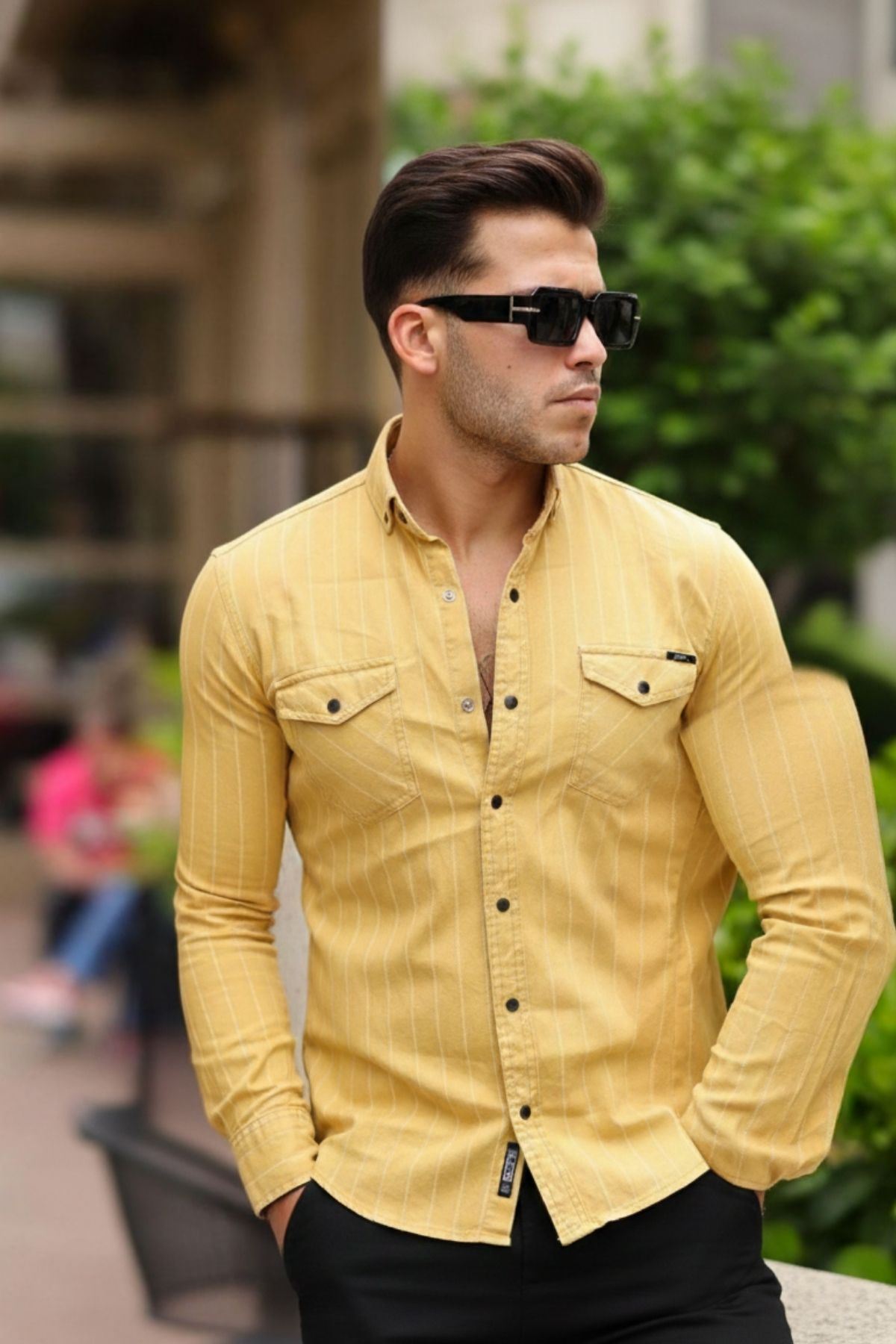 Erkek Slim Fit Çizgili Kot Gömlek