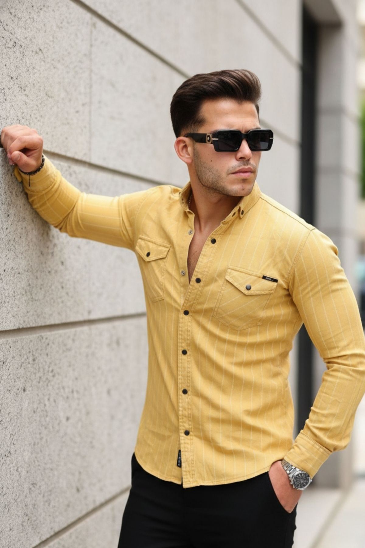 Erkek Slim Fit Çizgili Kot Gömlek