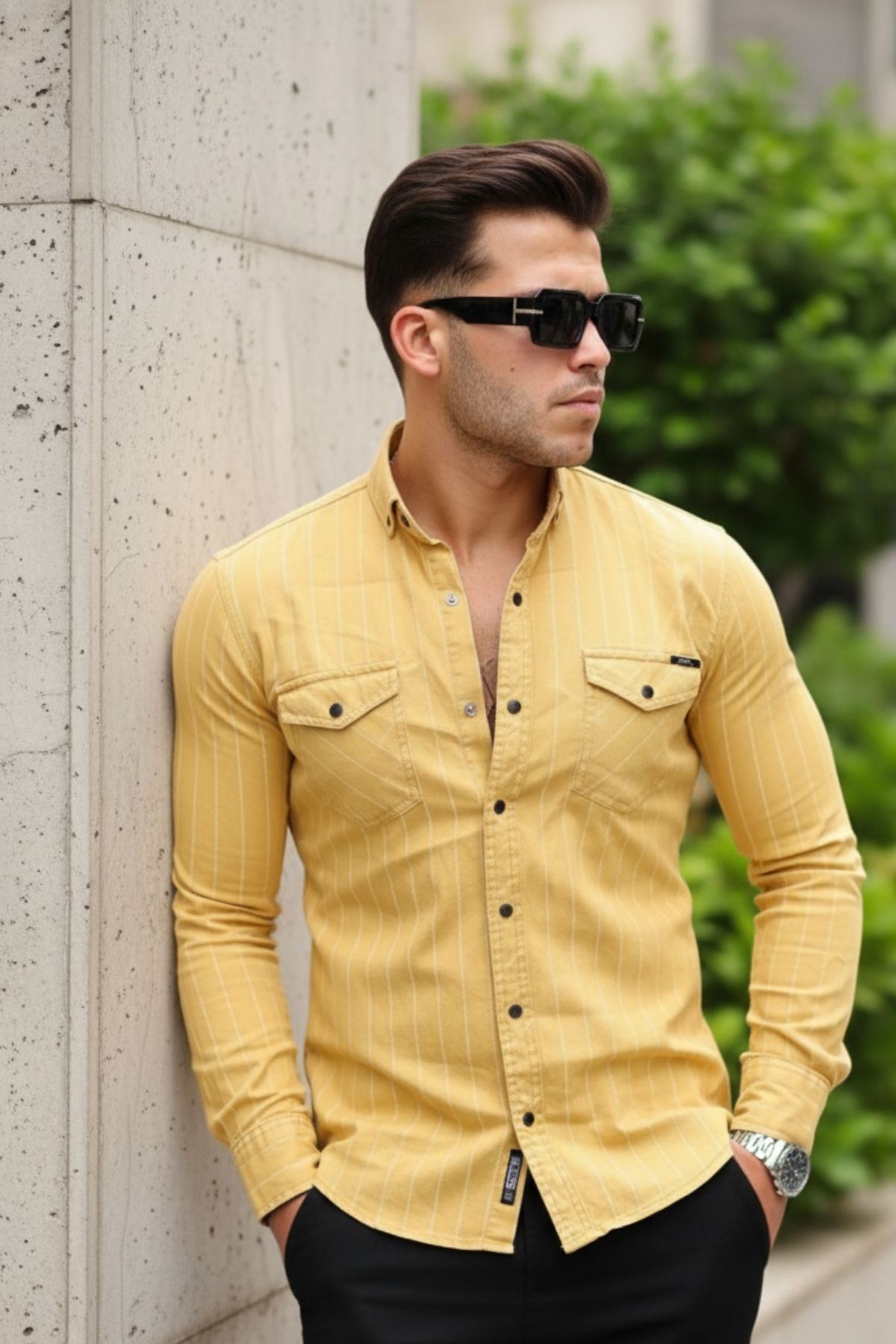 Erkek Slim Fit Çizgili Kot Gömlek