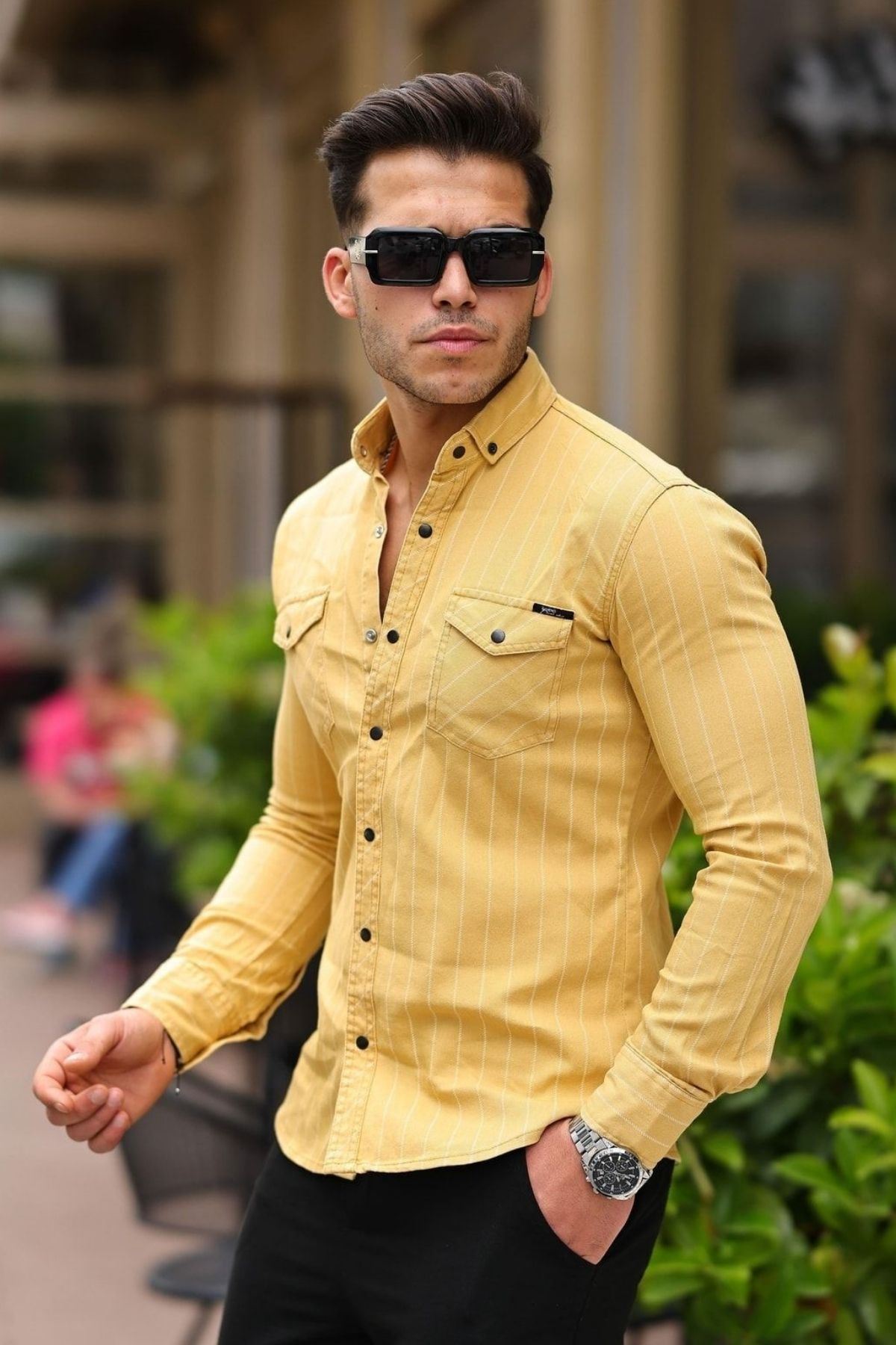 Erkek Slim Fit Çizgili Kot Gömlek