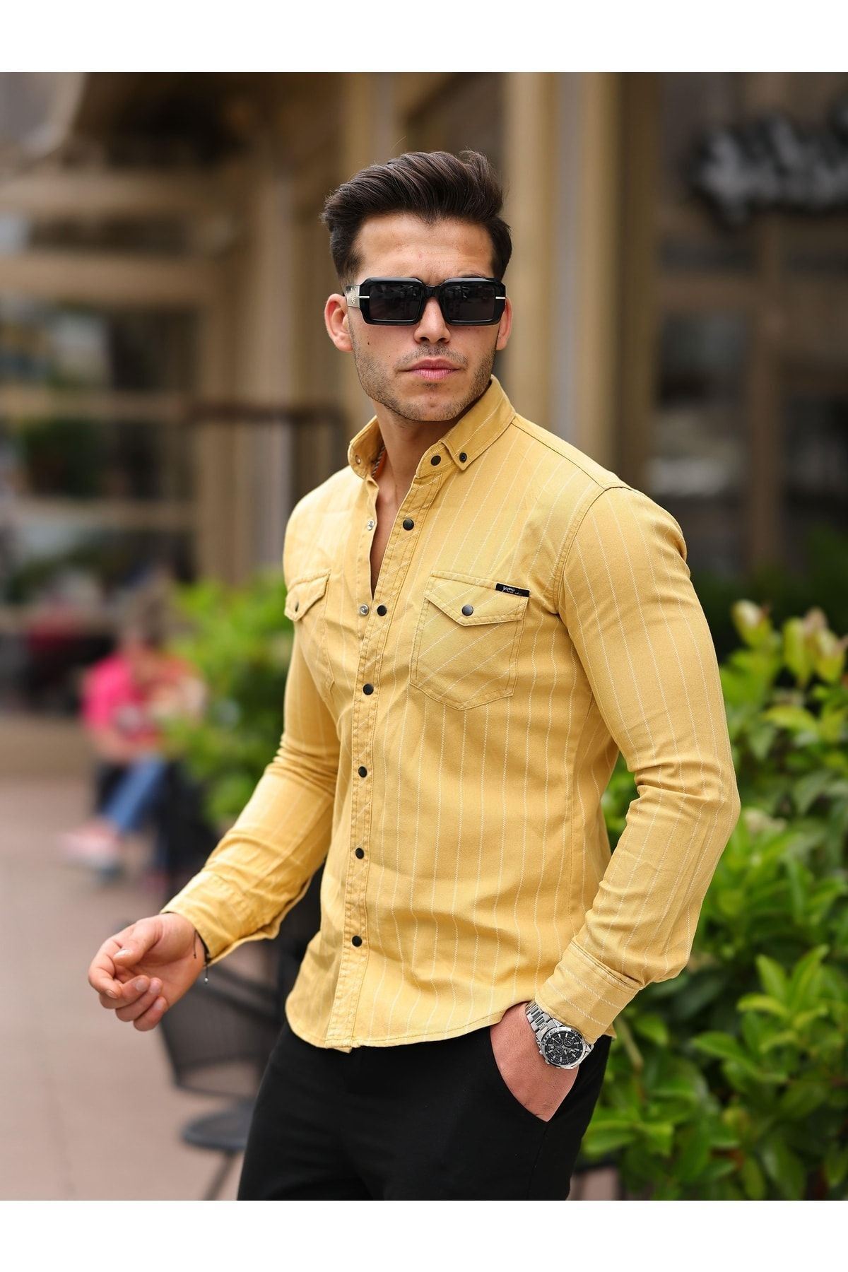 Erkek Slim Fit Çizgili Kot Gömlek