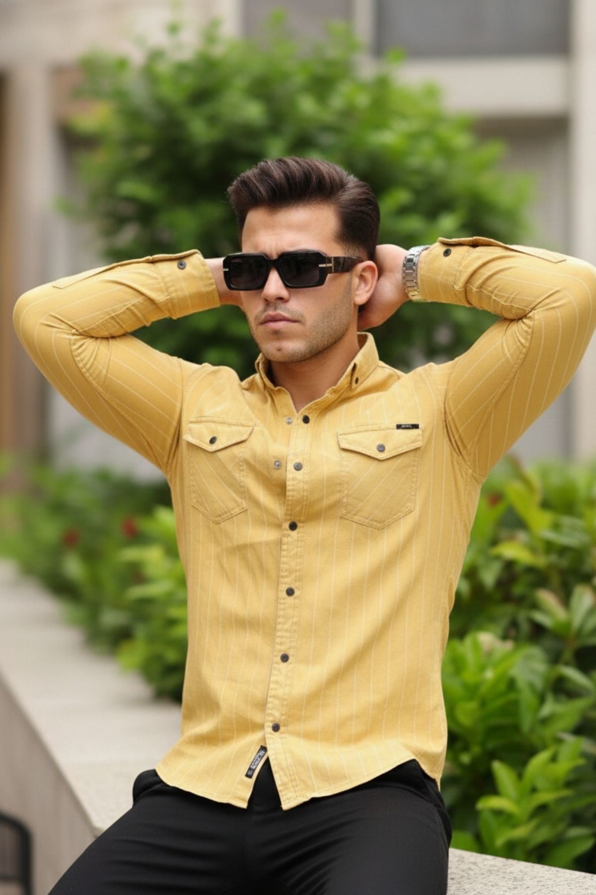 Erkek Slim Fit Çizgili Kot Gömlek