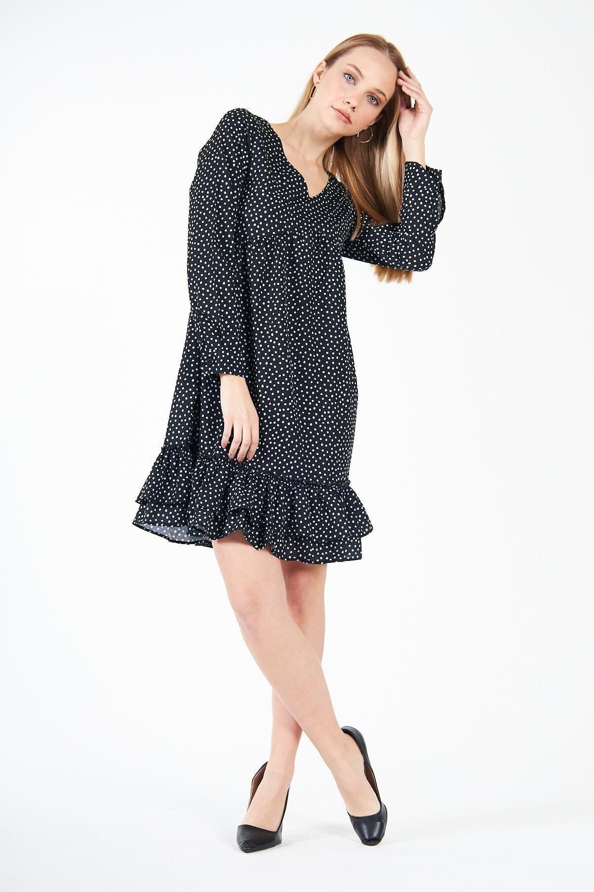 Kadın Uzun Kollu Nokta Desenli Siyah Mini Elbise