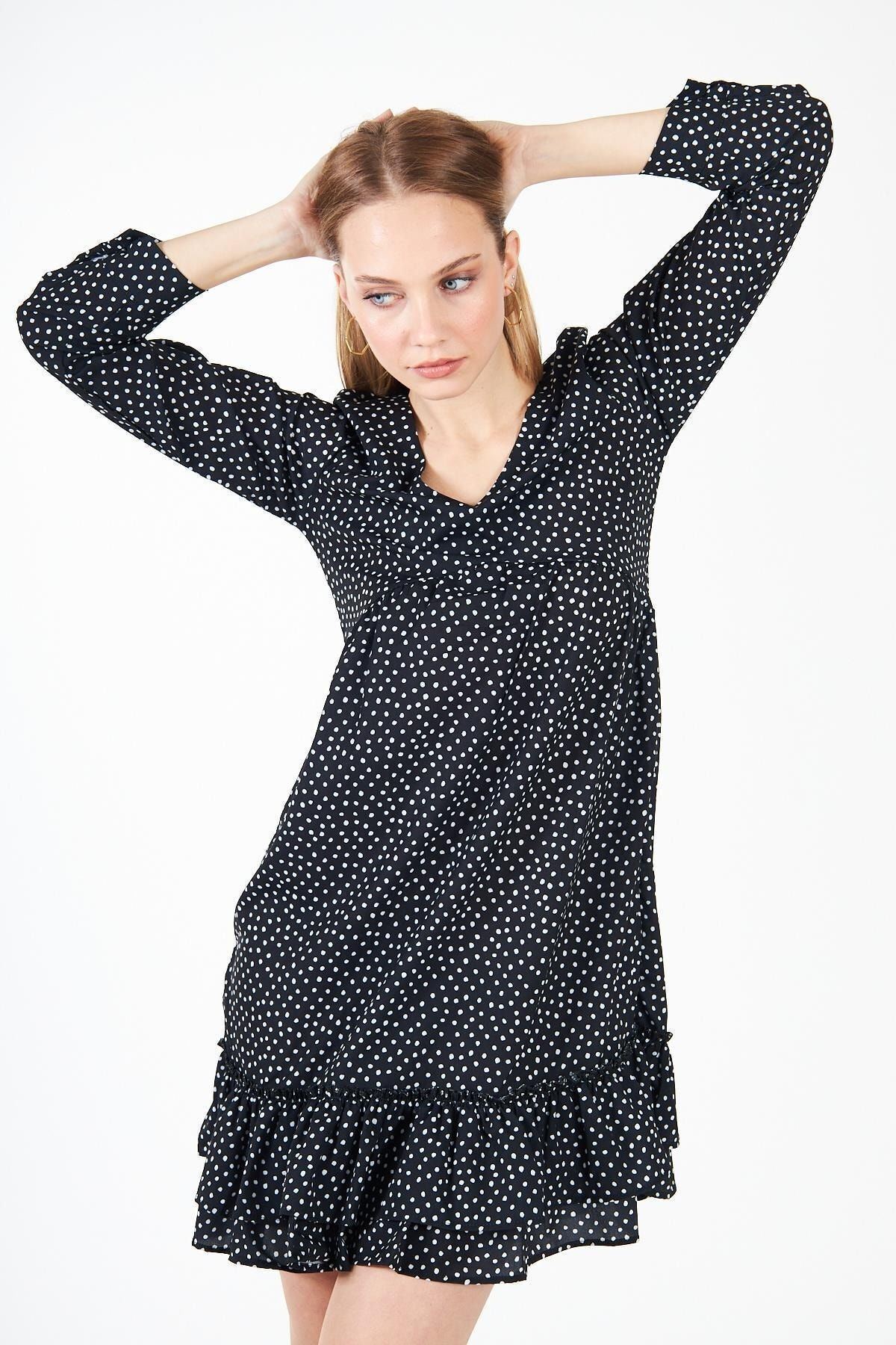 Kadın Uzun Kollu Nokta Desenli Siyah Mini Elbise