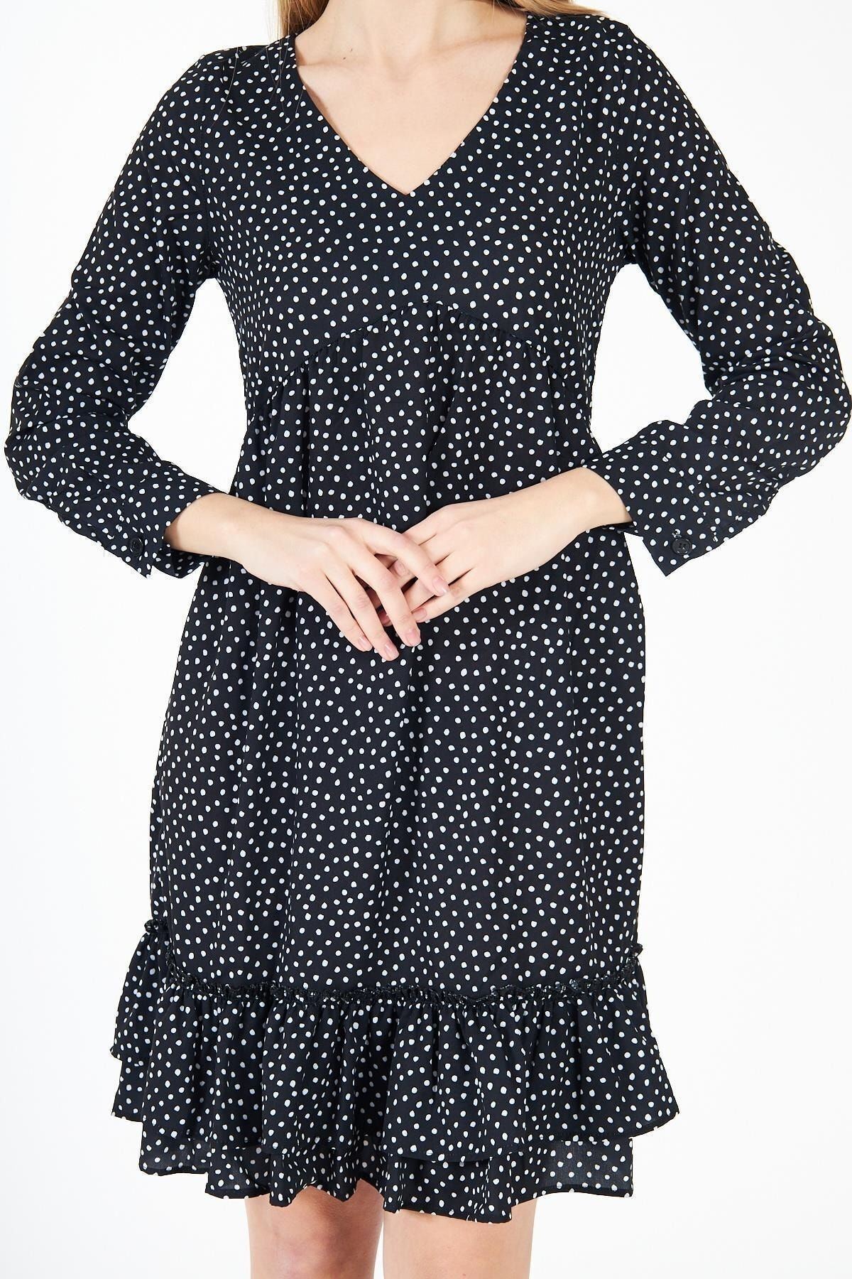 Kadın Uzun Kollu Nokta Desenli Siyah Mini Elbise