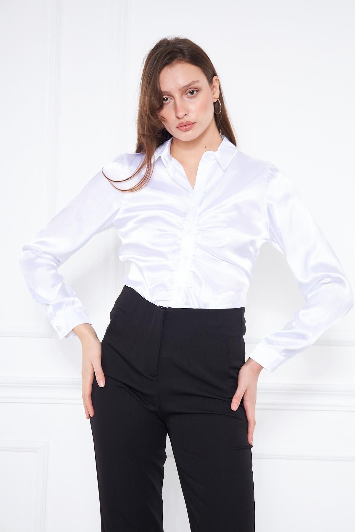 Kadın Büzgülü Saten Gömlek