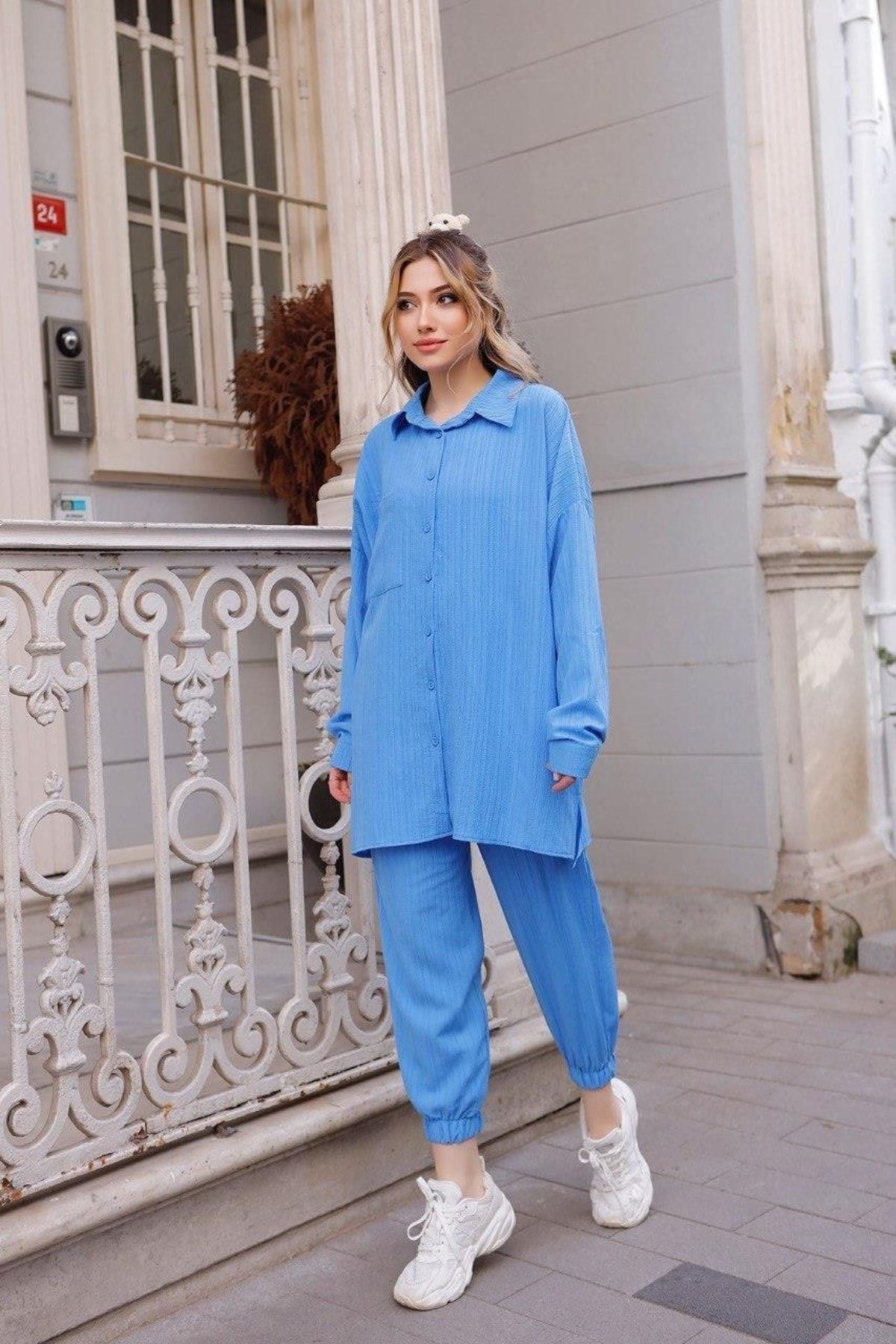 Kadın Bol Pantolon Uzun Gömlek Mavi Ikili Takım