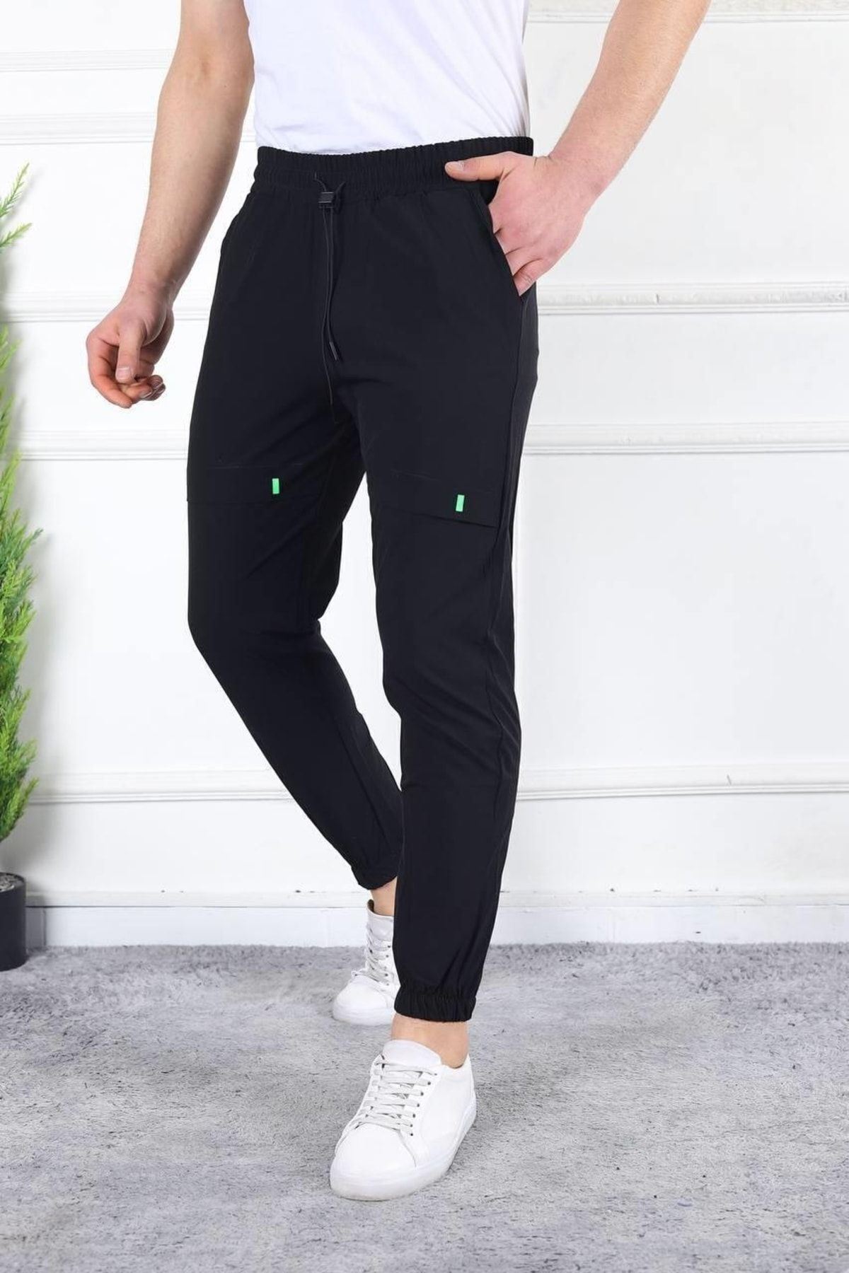 Erkek Beli Lastikli Dar Siyah Jogger Eşofman Altı