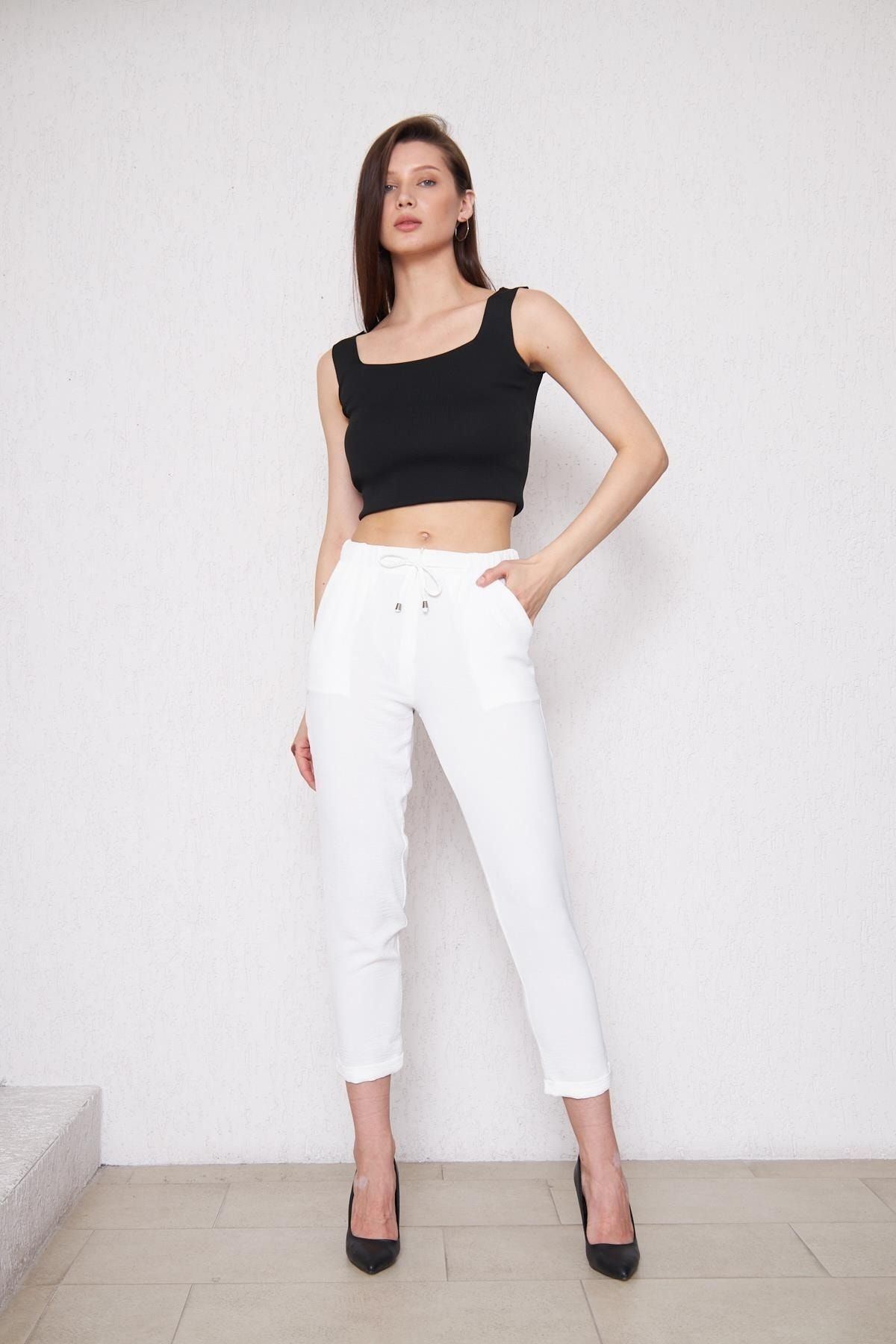 Kadın Beli Lastikli Aerobin Duble Paça Beyaz Pantolon