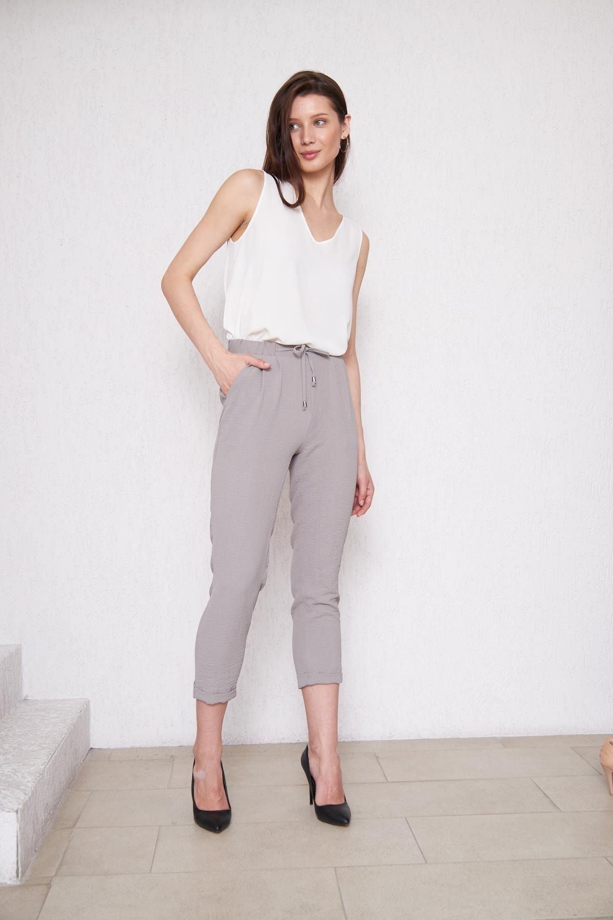 Kadın Beli Lastikli Aerobin Duble Paça Gri Pantolon