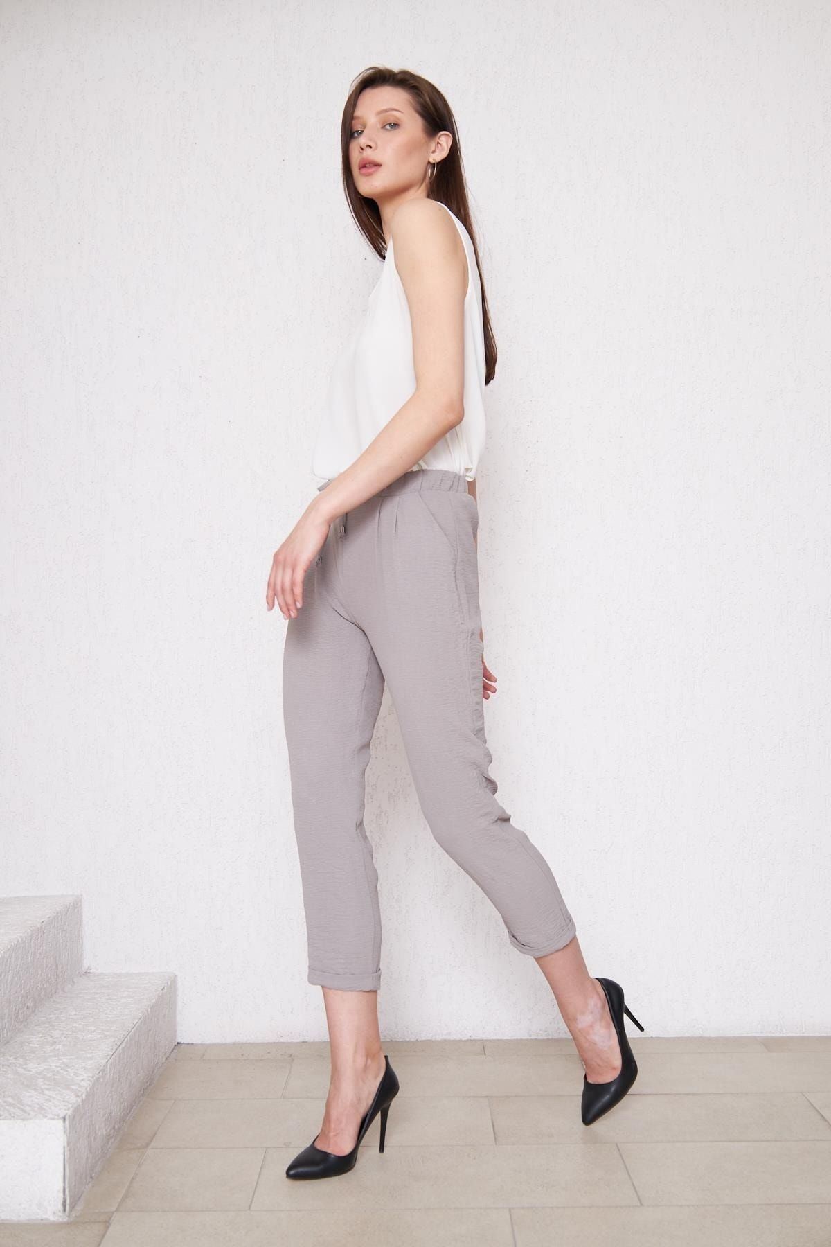 Kadın Beli Lastikli Aerobin Duble Paça Gri Pantolon