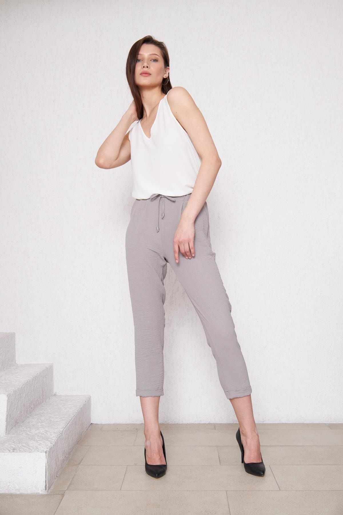 Kadın Beli Lastikli Aerobin Duble Paça Gri Pantolon