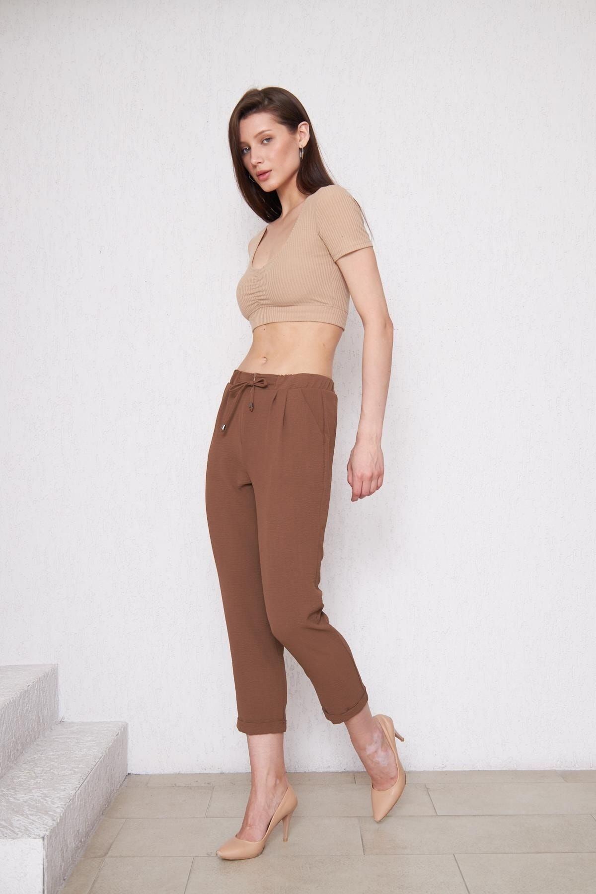 Kadın Beli Lastikli Aerobin Duble Paça Kahve Pantolon