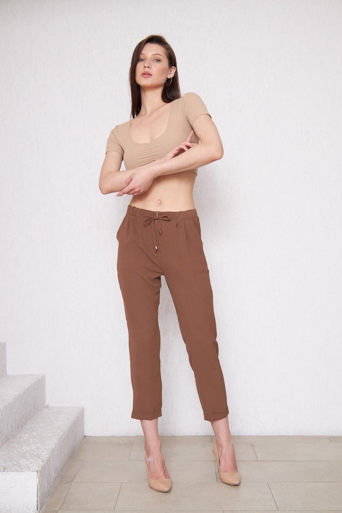 Kadın Beli Lastikli Aerobin Duble Paça Kahve Pantolon
