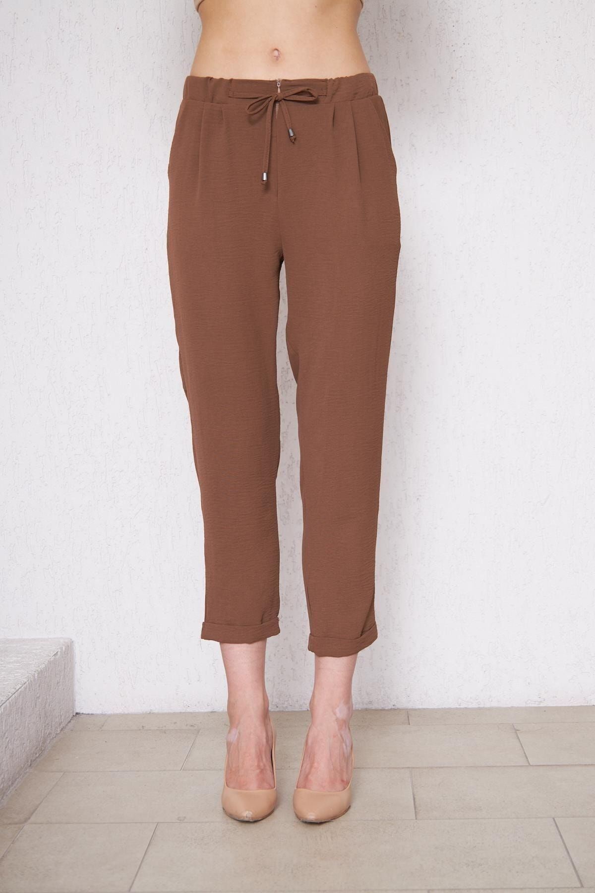 Kadın Beli Lastikli Aerobin Duble Paça Kahve Pantolon