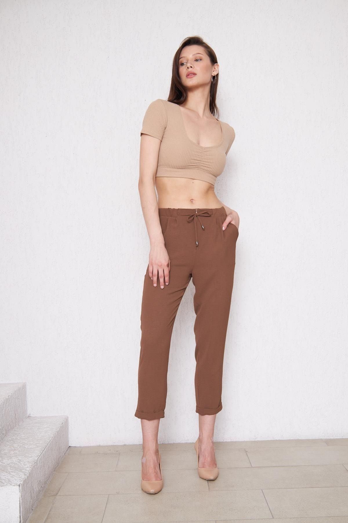 Kadın Beli Lastikli Aerobin Duble Paça Kahve Pantolon