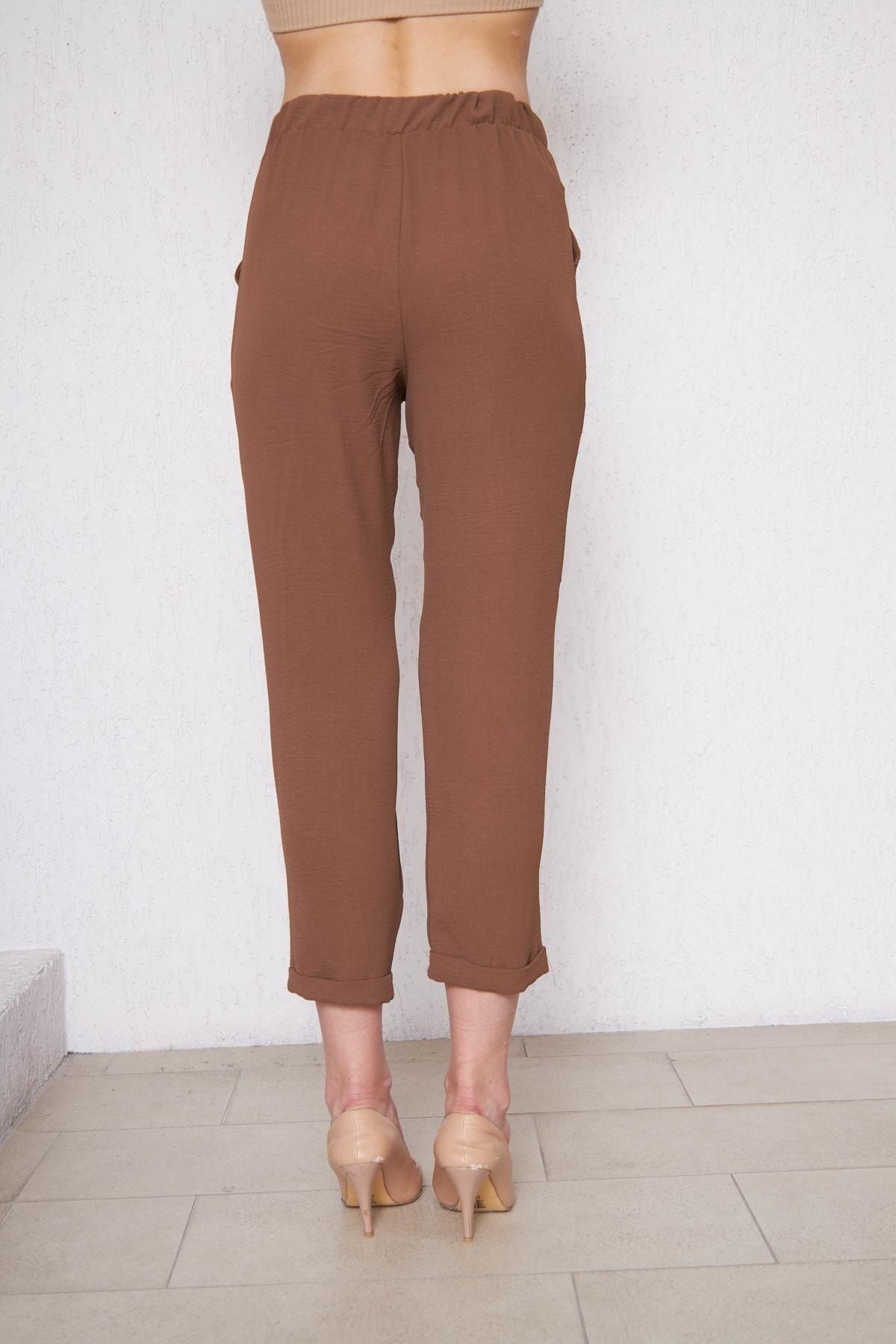 Kadın Beli Lastikli Aerobin Duble Paça Kahve Pantolon
