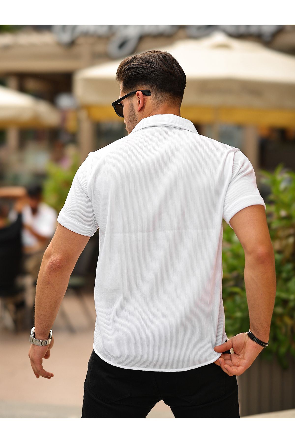 Erkek Yazlık Likralı Slim Fit Gömlek Yaka Kısa Kollu Gömlek