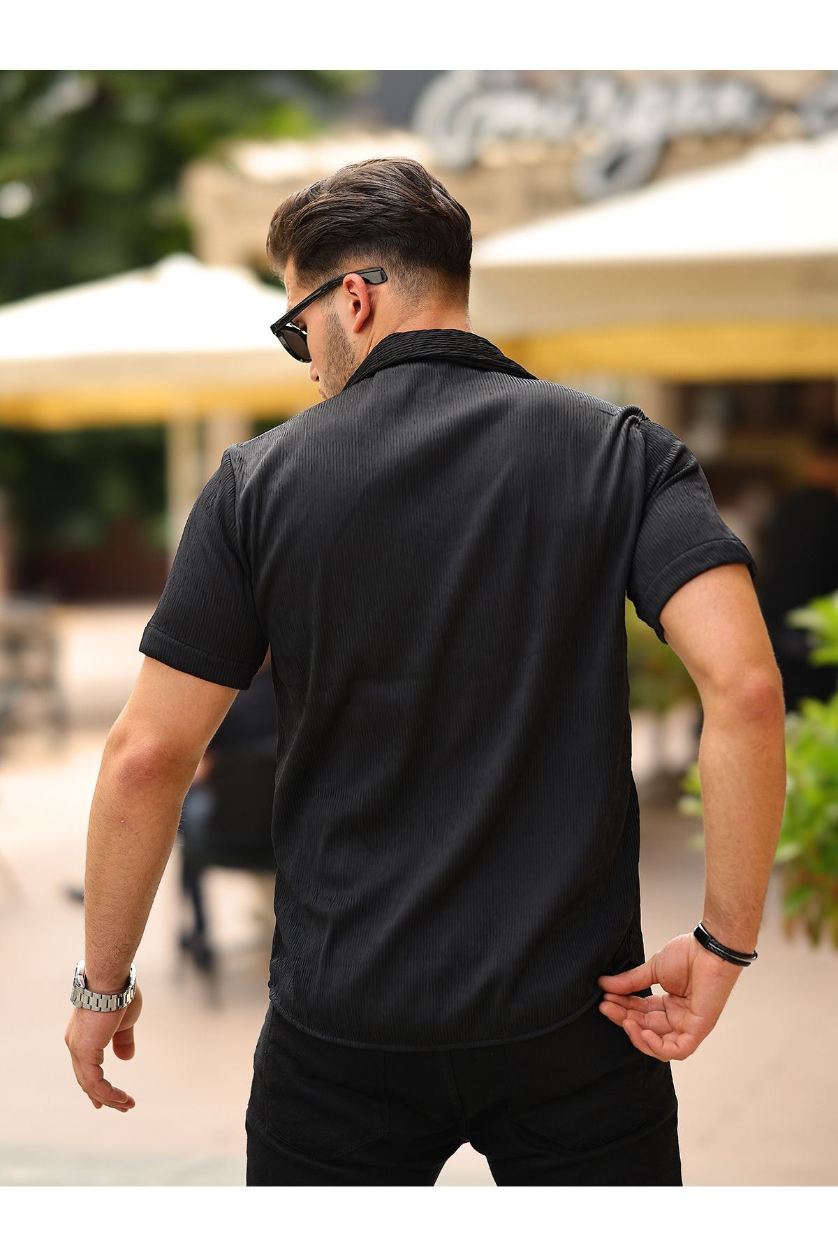 Erkek Yazlık Likralı Slim Fit Gömlek Yaka Kısa Kollu Gömlek