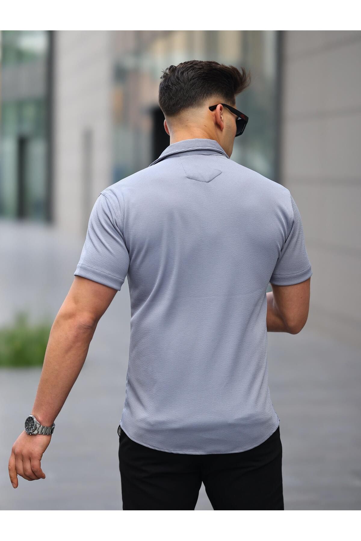 Erkek Yazlık Likralı Slim Fit Gömlek Yaka Kısa Kollu Gömlek