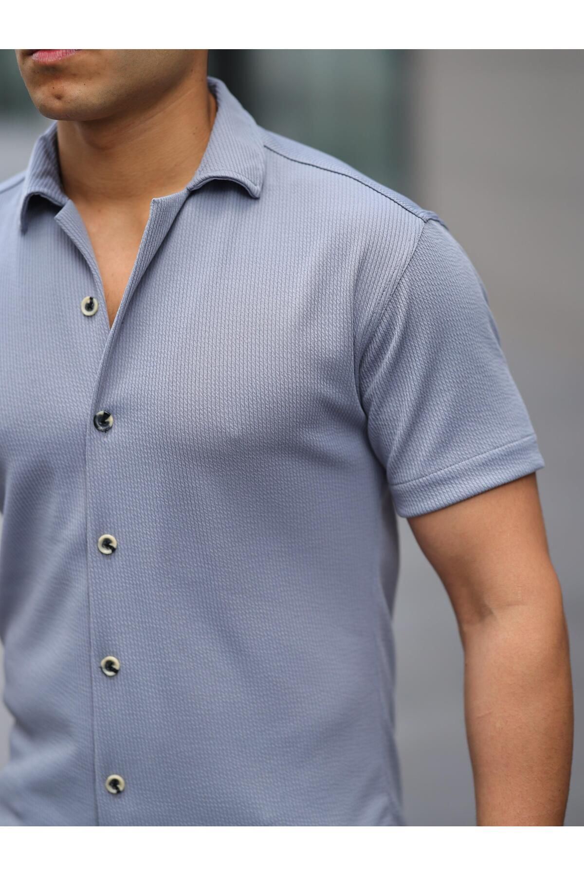 Erkek Yazlık Likralı Slim Fit Gömlek Yaka Kısa Kollu Gömlek