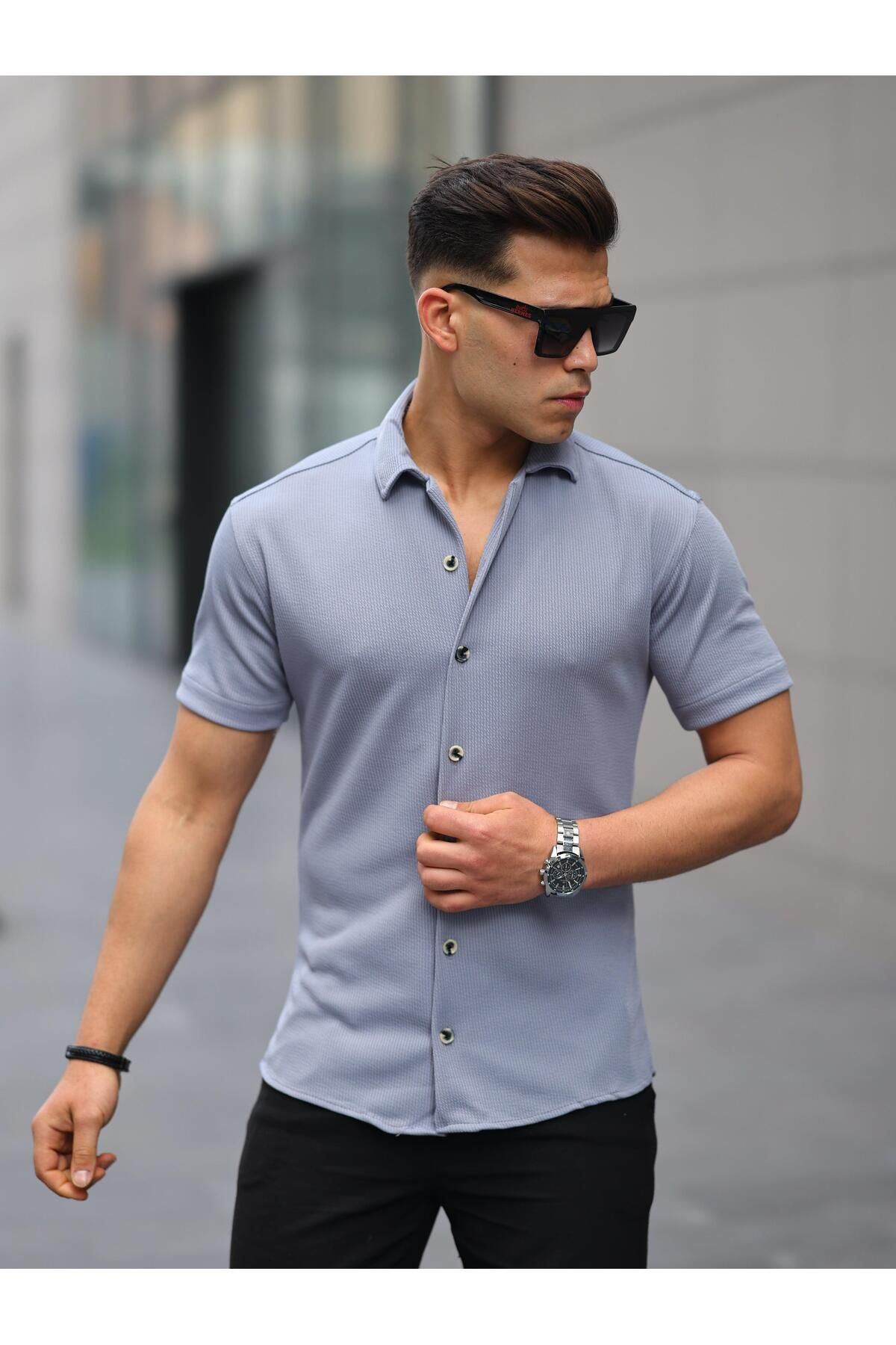 Erkek Yazlık Likralı Slim Fit Gömlek Yaka Kısa Kollu Gömlek