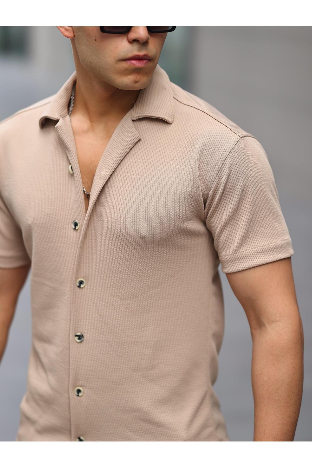 Erkek Yazlık Likralı Slim Fit Gömlek Yaka Kısa Kollu Gömlek