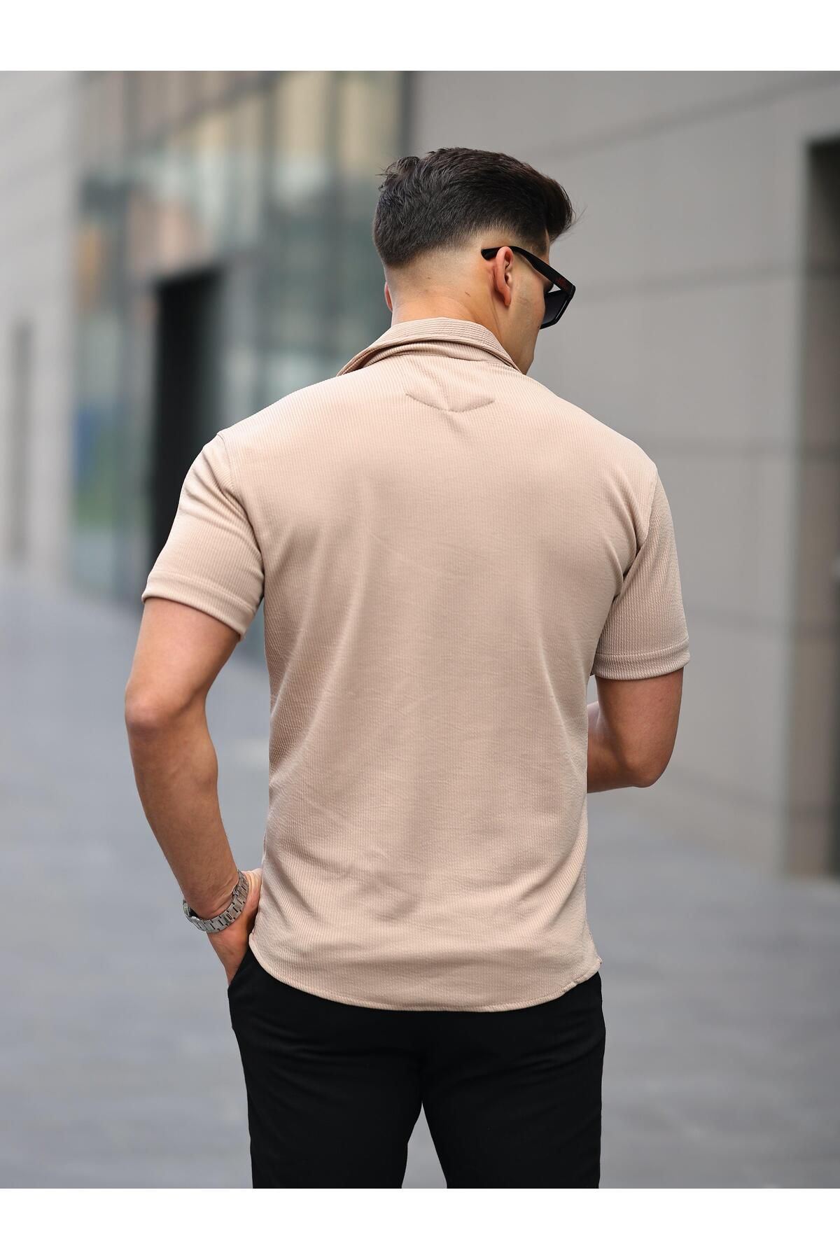 Erkek Yazlık Likralı Slim Fit Gömlek Yaka Kısa Kollu Gömlek