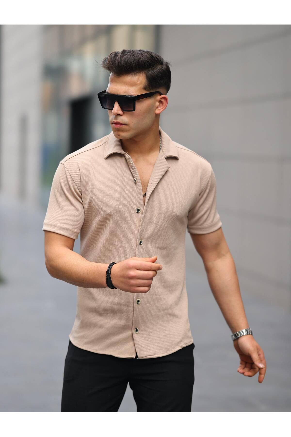 Erkek Yazlık Likralı Slim Fit Gömlek Yaka Kısa Kollu Gömlek