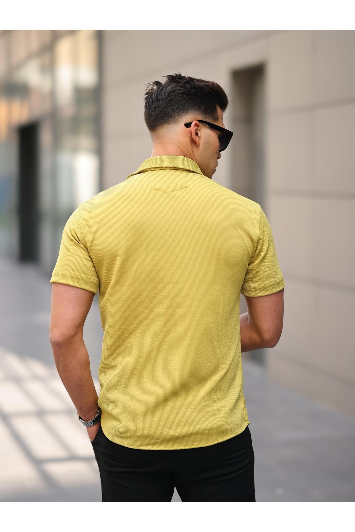 Erkek Yazlık Likralı Slim Fit Gömlek Yaka Kısa Kollu Gömlek