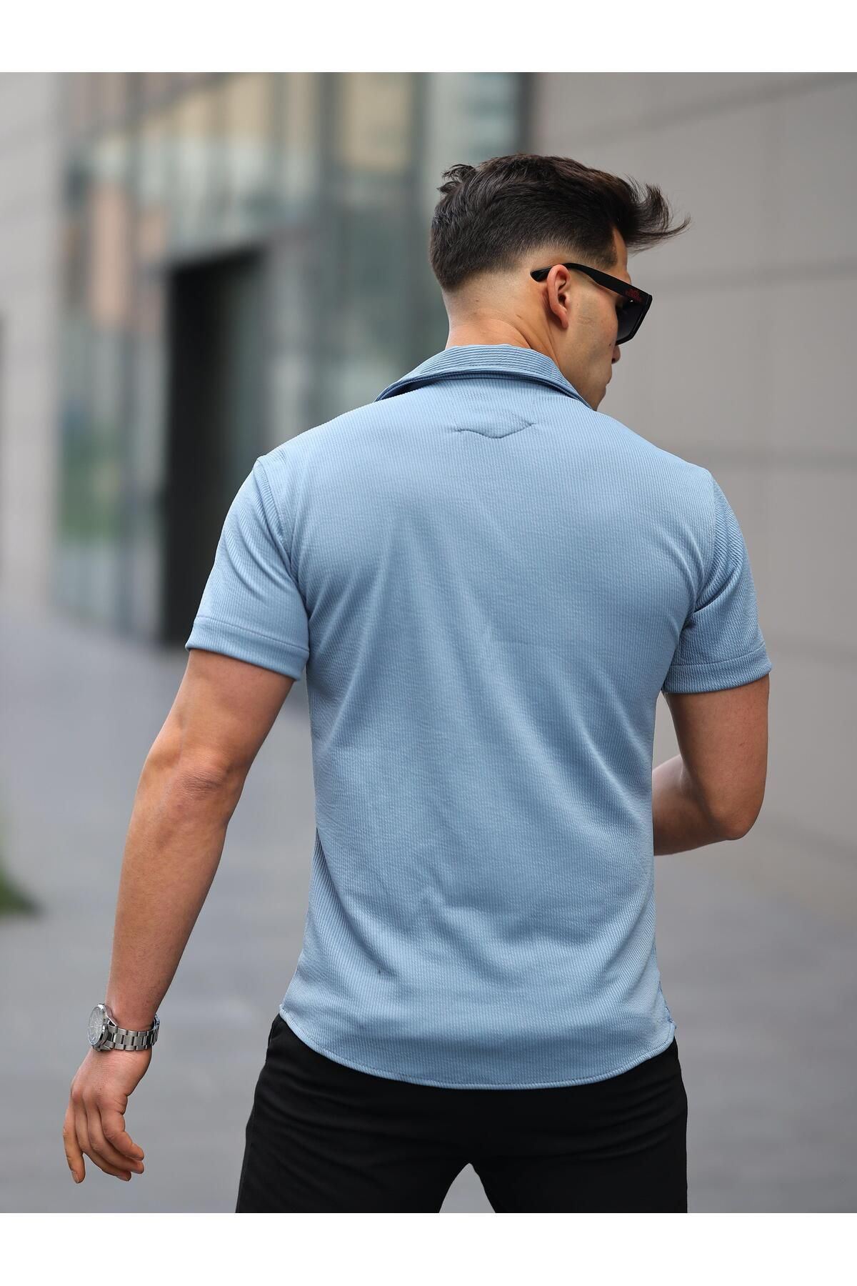 Erkek Yazlık Likralı Slim Fit Gömlek Yaka Kısa Kollu Gömlek