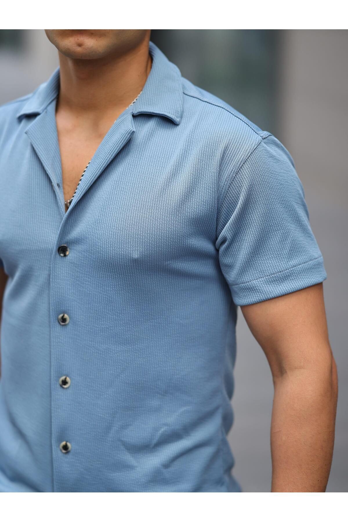 Erkek Yazlık Likralı Slim Fit Gömlek Yaka Kısa Kollu Gömlek