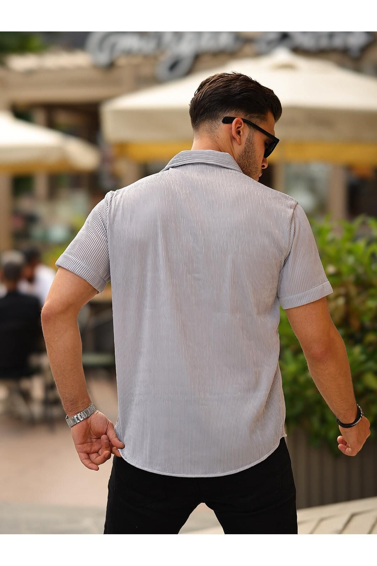 Erkek Yazlık Likralı Slim Fit Gömlek Yaka Kısa Kollu Gömlek