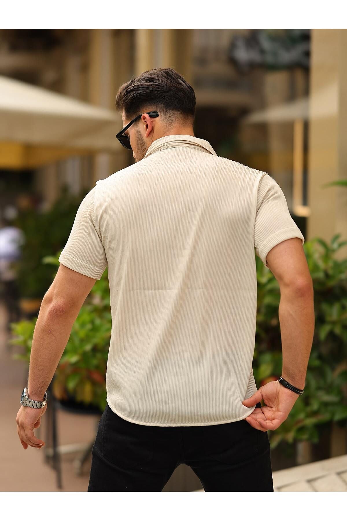 Erkek Yazlık Likralı Slim Fit Gömlek Yaka Kısa Kollu Gömlek