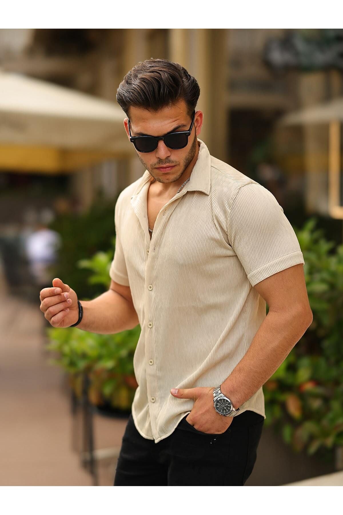 Erkek Yazlık Likralı Slim Fit Gömlek Yaka Kısa Kollu Gömlek