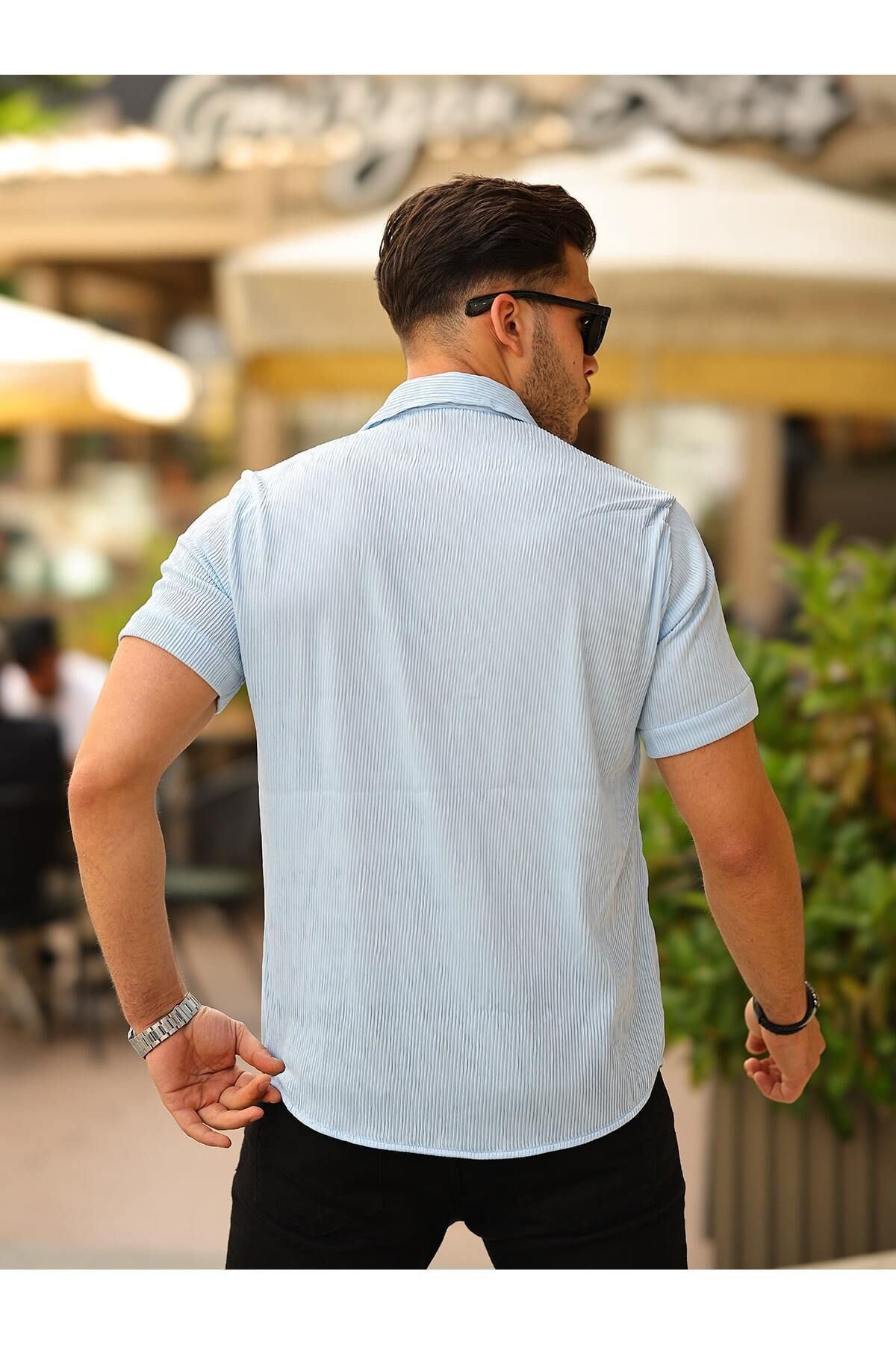 Erkek Yazlık Likralı Slim Fit Gömlek Yaka Kısa Kollu Gömlek