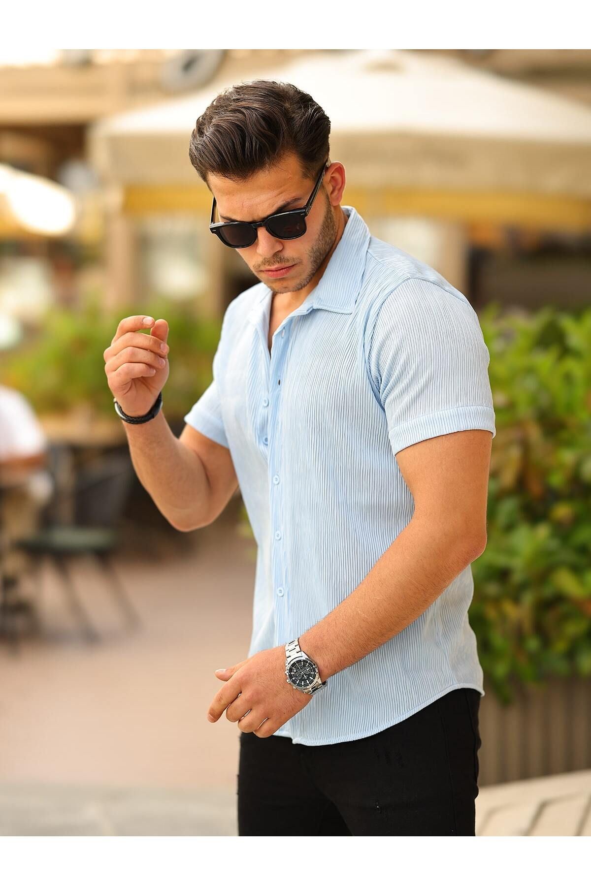 Erkek Yazlık Likralı Slim Fit Gömlek Yaka Kısa Kollu Gömlek