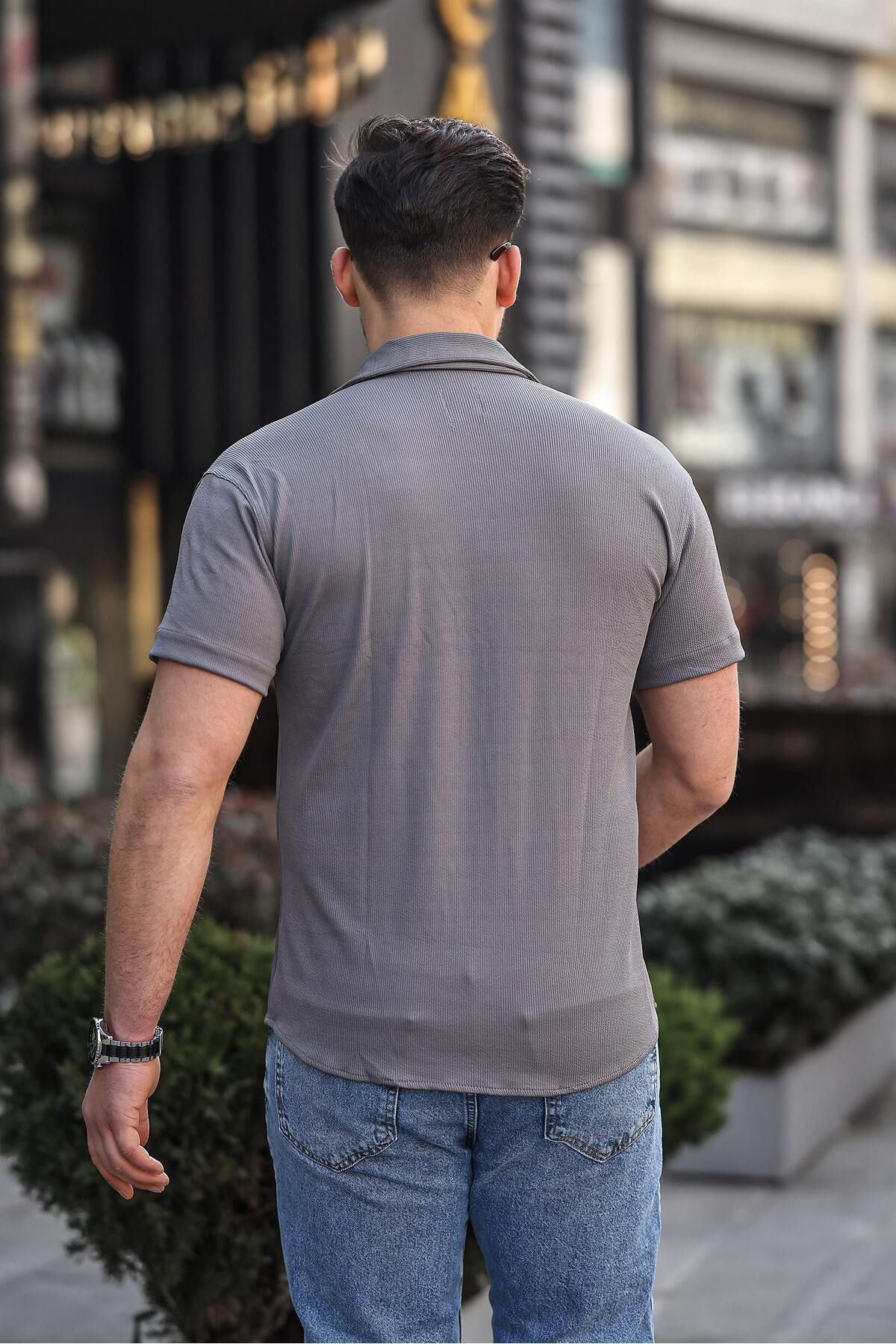 Erkek Yazlık Likralı Slim Fit Gömlek Yaka Kısa Kollu Gömlek